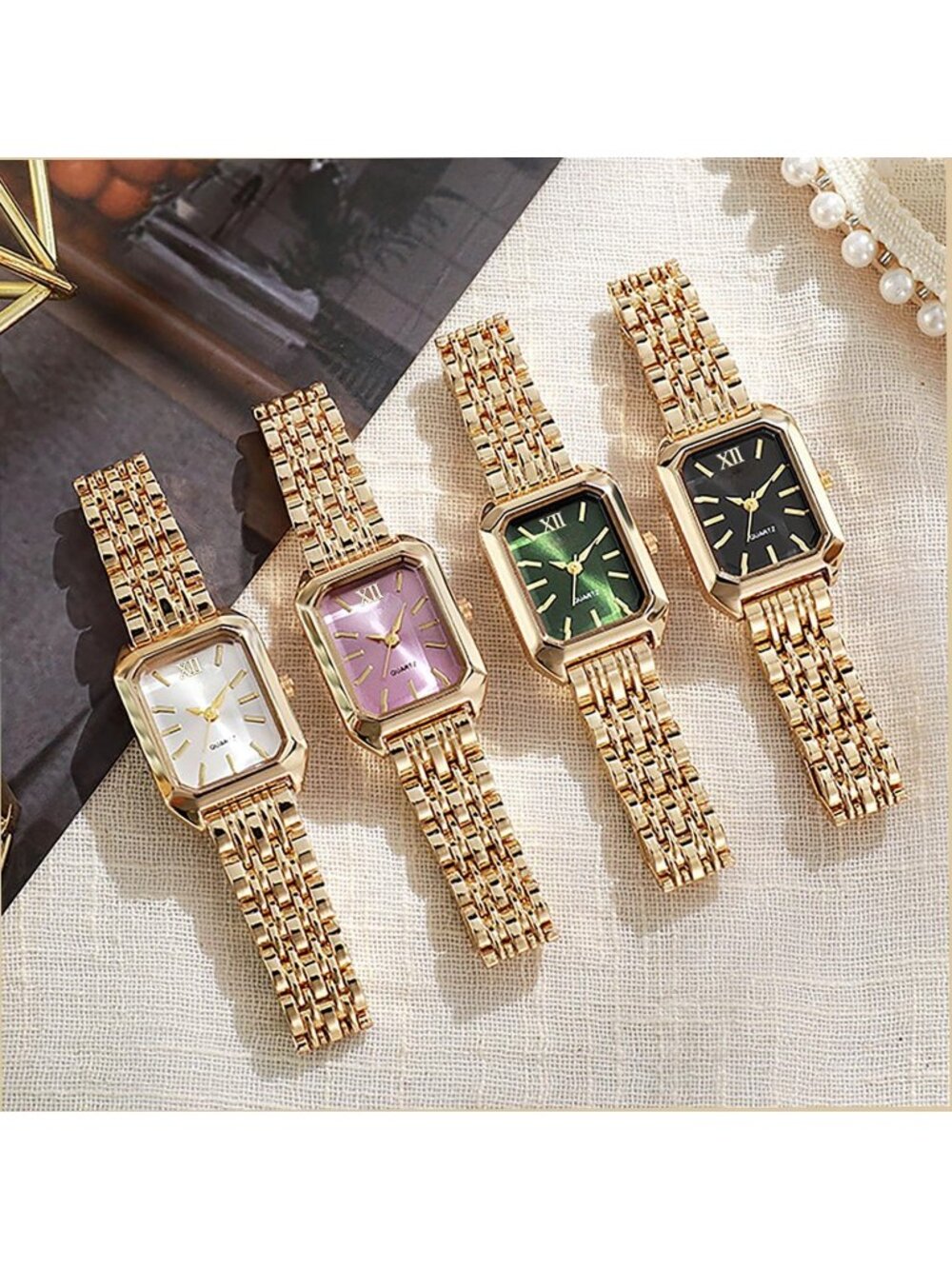 Women's Gold-Black Steel Strap Casual Fashion Simple Square Quartz Wrist Watch - Picture 3 of 6